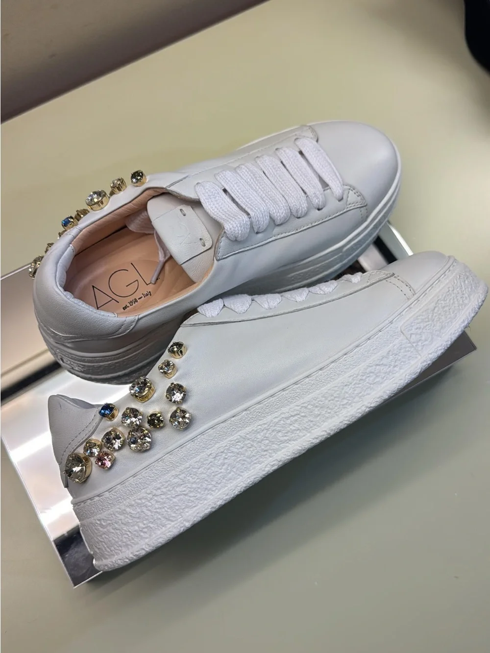 Agl White Leather Platform Sneakers with Crystal Accents - Picture 3 of 4